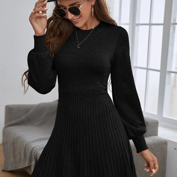 Black Preppy Womens Lantern Sleeve Ribbed Knit Pleated Sweater Dress - Picture 2 of 5